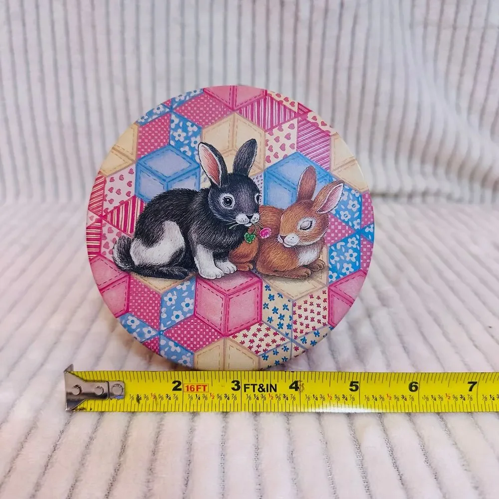 Vintage Decorative Tin with Quilted print and  Bunny Rabbits